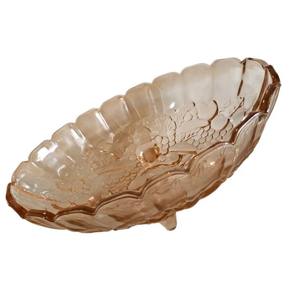 Vintage Pink Depression Glass Footed Bowl - Scalloped Edge Floral Pattern 1930s - Picture 1 of 9